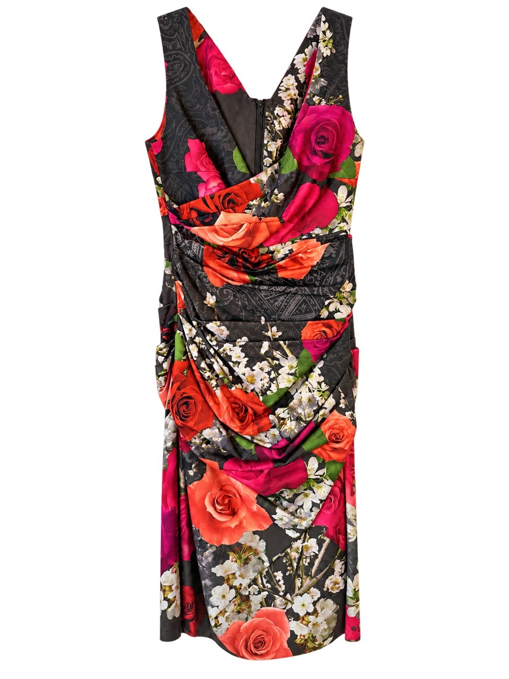 Floral V-Neck Ruched Midi Dress in Black with Pink & Orange Roses